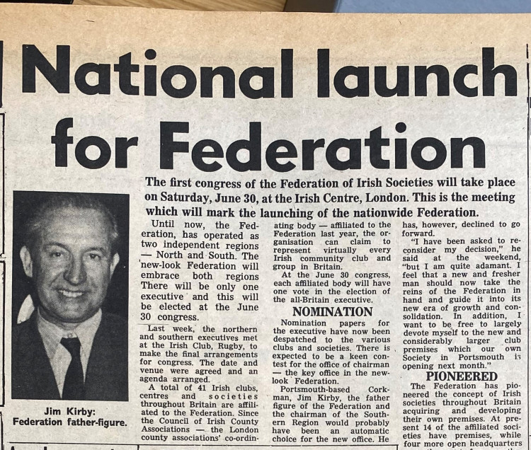 National Launch of Federation of Irish Societies, The Irish Post, 12 May 1973.